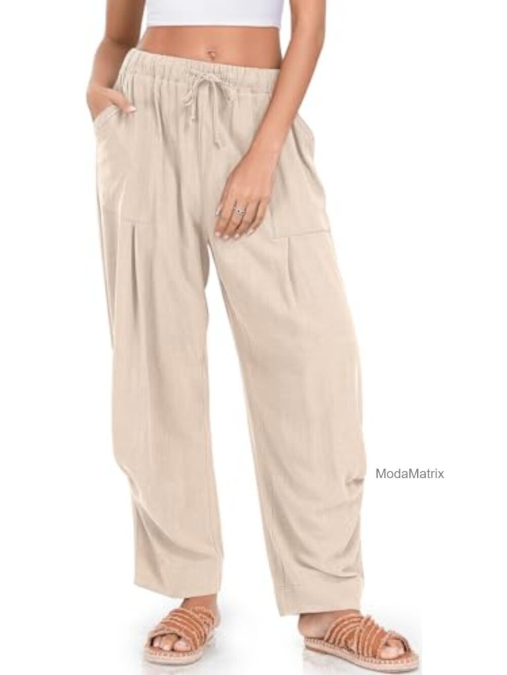 Linen Blend Wide Leg Palazzo Pants with Pockets Drawstring Elastic Waist